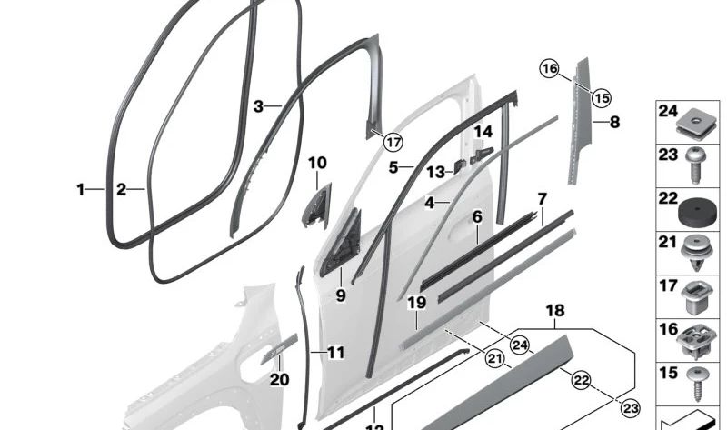 Lo stampaggio della finestra della porta anteriore sinistra OEM 51339881631 per BMW G09. BMW originale.