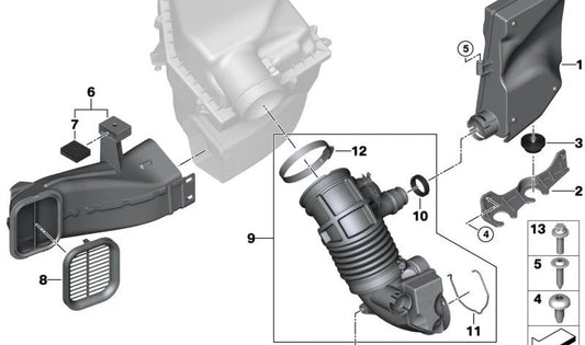 Conducto de admisión de aire OEM 13717643299 para BMW G30, G31, G38, G32, G11, G12, G14, G15, G16. Original BMW.