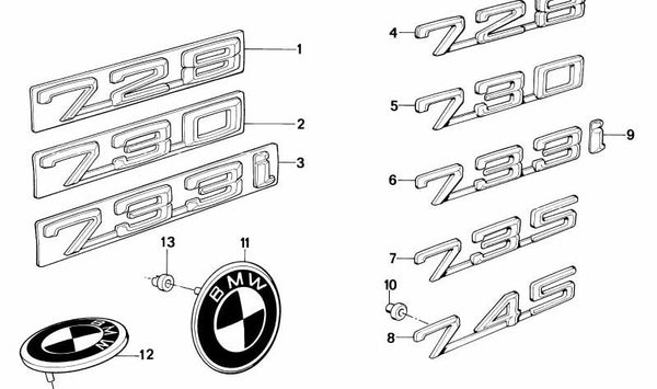 Emblema encajado trasero para BMW E23 Serie 7 (OEM 51141869983). Original BMW