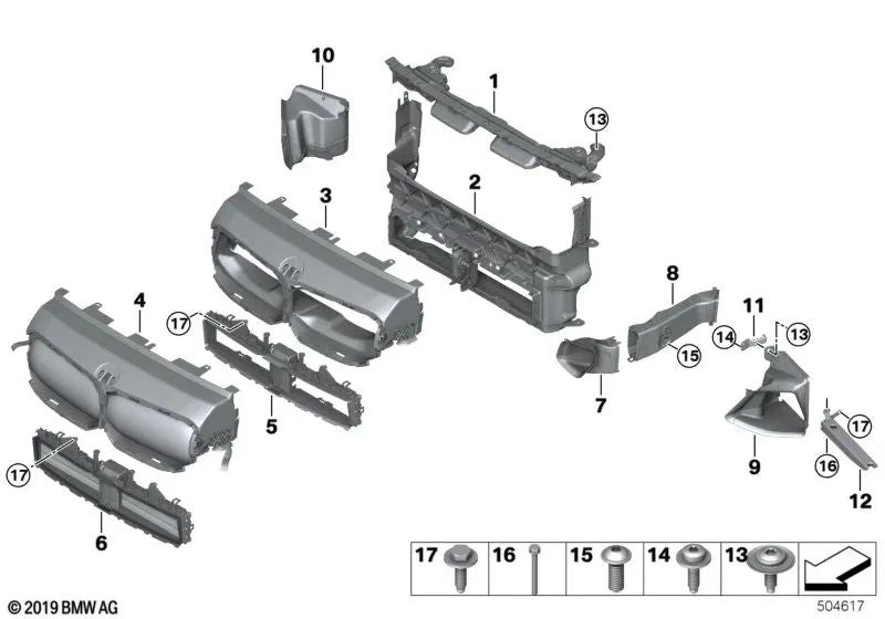 Soporte de radiador auxiliar superior derecho para BMW Serie 1 F40, Serie 2 F44, X2 F39 y MINI F60 (OEM 51747462142). Original BMW