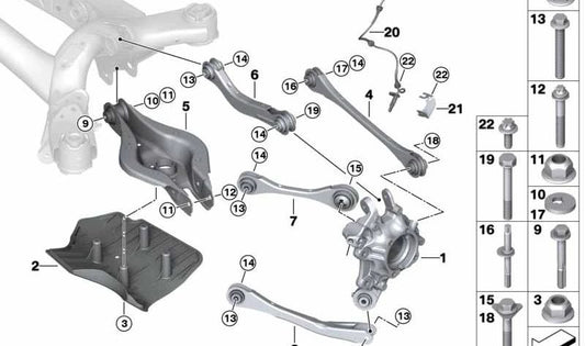 Soporte de rueda trasero izquierdo para BMW G42, G28 (OEM 33306893969). Original BMW