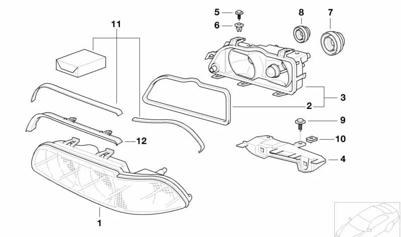 Headlight housing with insert left for BMW 5 Series E39 (OEM 63128378001). Original BMW