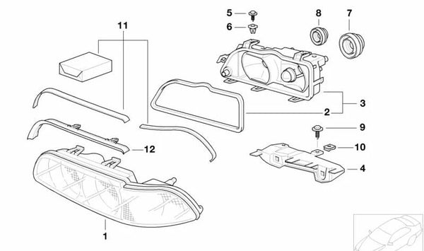 Carcasa de faro con inserto izquierdo para BMW Serie 5 E39 (OEM 63128378001). Original BMW