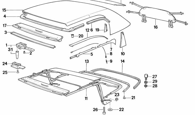 Marco de techo retráctil OEM 54312291887 para BMW Z1. Original BMW.