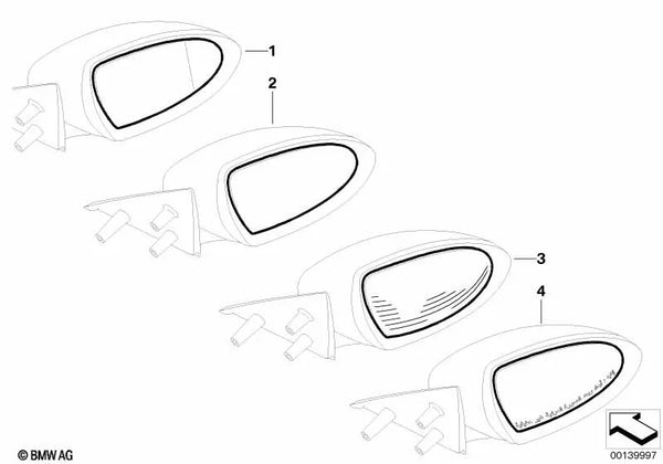 Cristal de espejo calefactado gran angular derecho para BMW E60, E61N, E63, E64 (OEM 51167903824). Original BMW.