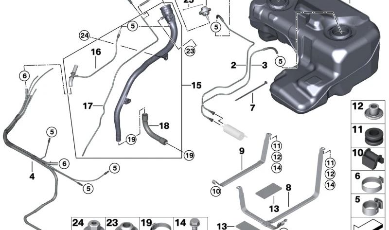 Soporte izquierdo para depósito de combustible OEM 16111184542 para BMW E53 (X5). Original BMW.