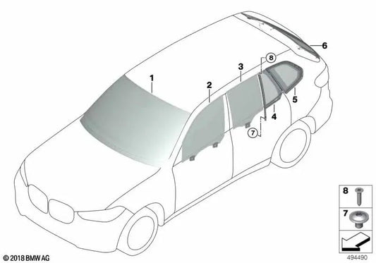 Linke hintere Türseitenscheibe für BMW F95, G05, F95N, G05N (OEM 51358496033). Original BMW