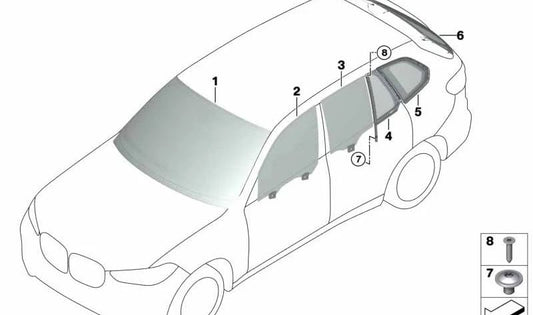 Ventana lateral fija trasera derecha para BMW X5 F95, G05 (OEM 51377444080). Original BMW