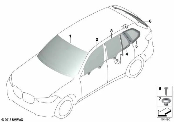 Cristal lateral fijo trasero derecho para BMW F95, G05 (OEM 51377444082). Original BMW