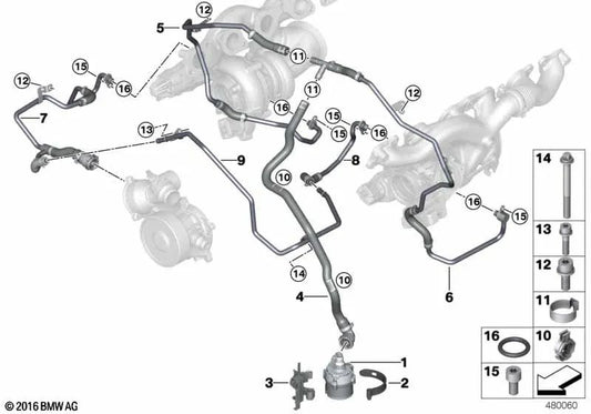 Tubería de refrigerante del turbocompresor de gases de escape para BMW Serie 7 G12, G12N (OEM 11538654392). Original BMW