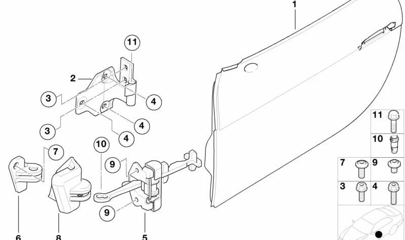 Bisagra de puerta inferior izquierda para BMW E52 (OEM 41517012879). Original BMW