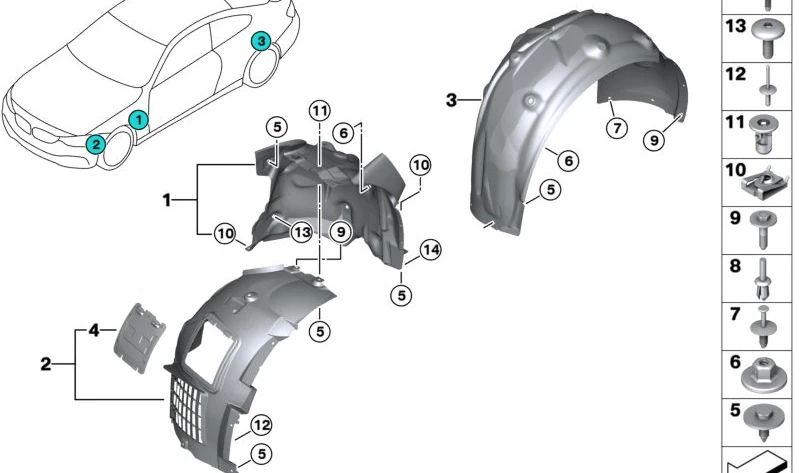 Rear right wheel arch cover for BMW 2 Series F87, F87N (OEM 51718085260). Original BMW