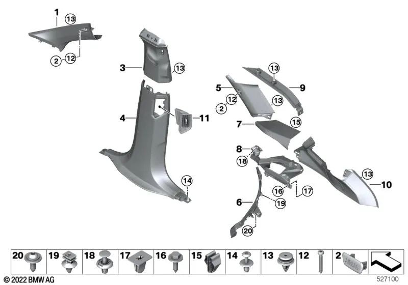 Lower left B-pillar trim for BMW G09 (OEM 51435A1E4B7). Genuine BMW