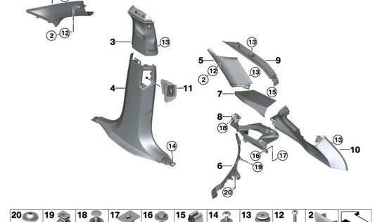 Lower right belt guide cover for BMW G09 (OEM 51435A1E702). Original BMW.