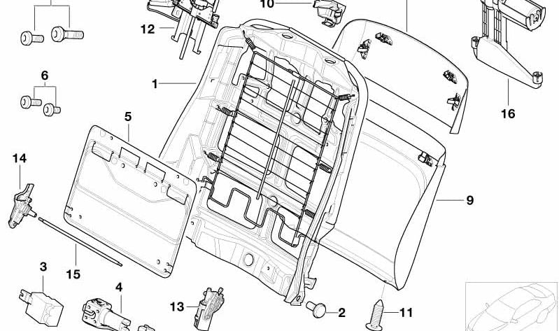 Eje ajuste del respaldo izquierdo para BMW E39, E38, E83N, E53 (OEM 52108175056). Original BMW