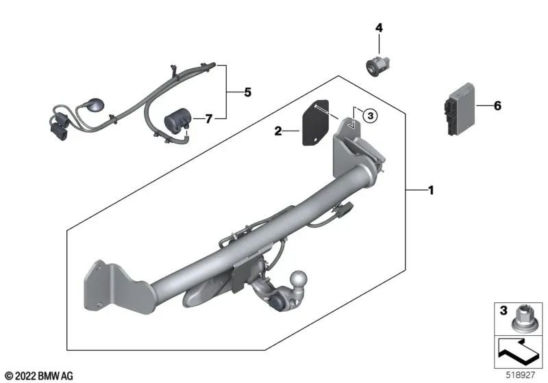 Juego de enganche de remolque eléctrico, giratorio para BMW Serie 2 U06 (OEM 51125A5FF06). Original BMW.