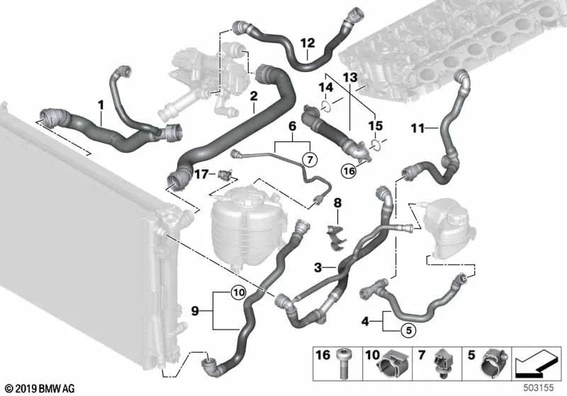 Manguera para Radiador de Refrigerante para BMW G42, G20, G20N, G21, G21N, G22, G22N, G23, G23N, G26, G26N (OEM 17128654862). Original BMW