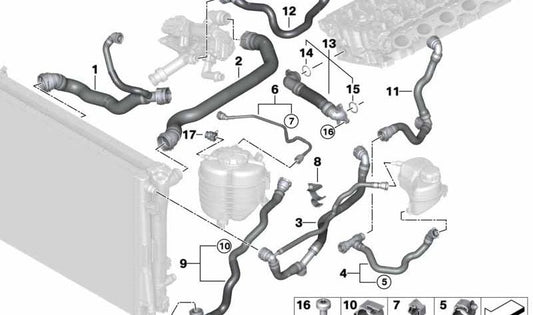 Tubo depósito del radiador al motor OEM 17128654855 para BMW G42, G20, G21, G22, G23, G26. Original BMW