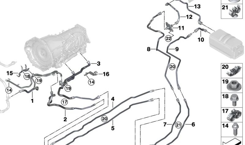 Soporte para manguera doble para BMW F90, G90, G70, F91, F92, F93 (OEM 17128096522). Original BMW.