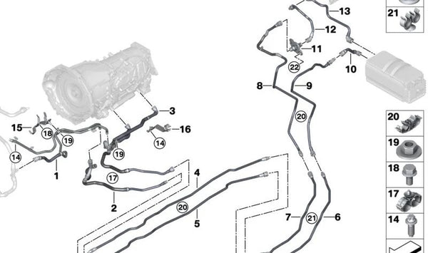 Soporte para manguera doble para BMW F90, G90, G70, F91, F92, F93 (OEM 17128096522). Original BMW.