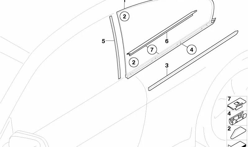 Protección del borde del cristal lateral trasero derecho para BMW E63 (OEM 51377898390). Original BMW