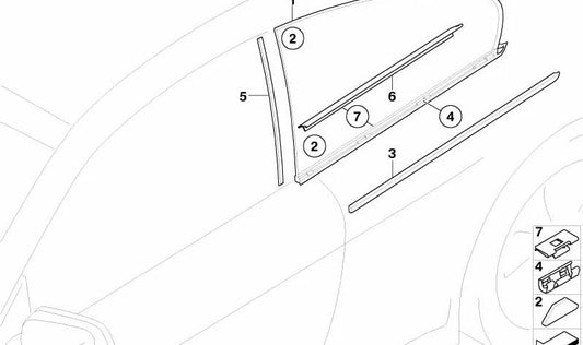 Protección del borde del cristal lateral trasero derecho para BMW E63 (OEM 51377898390). Original BMW