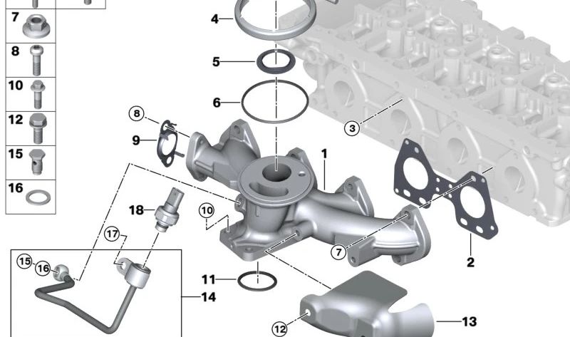 Colector de escape (Abgaskrümmer) OEM 11628514194 para BMW F48, F39. Original BMW.