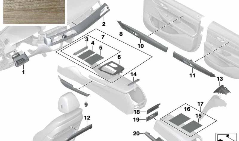 Cubierta I-Tafel Eucalipto derecha para BMW Serie 7 G11, G11N, G12, G12N (OEM 51457992684). Original BMW