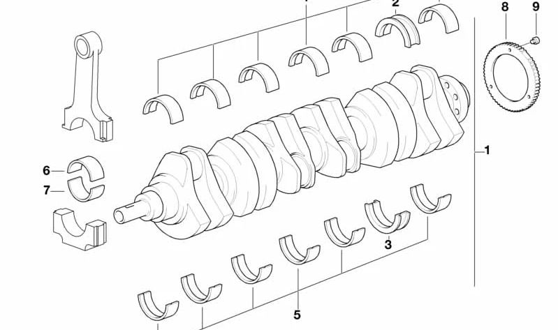 Yellow guide bearing shell for BMW 3 Series E21, E30, E36, E46, 5 Series E12, E28, E34, E39, 7 Series E38, Z4 E85, E86 (OEM 11211706832). Original BMW