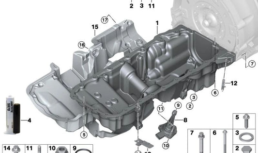 BMW F20N Oil Carter, F21N, F22, F23, F30N, F31N, F34N, F32, F33, F36 (OEM 11138624381). Original BMW.