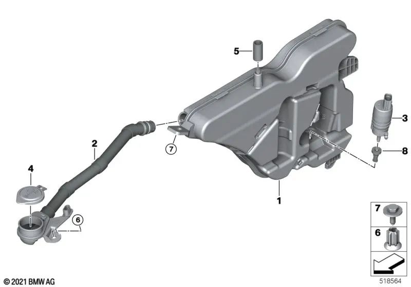 Depósito del sistema limpiaparabrisas para BMW Serie 2 G42, G87, Serie 3 G20, G20N, G21, G21N, G28, G28N, Serie 4 G22, G23, G26 (OEM 61669478352). Original BMW.