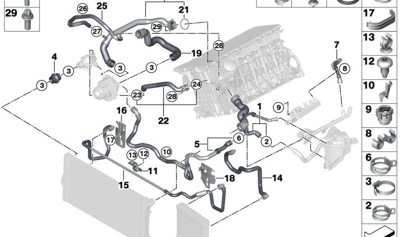 Soporte para manguera para BMW Serie 1 E81, E82, E87, F20, F21, Serie 2 F22, F23, Serie 3 E90, E92, Serie 4 F32, F33, Serie 5 E60N, F10, Serie 6 F06, F12, Serie 7 E65, F01N, i I01, X1 F48, X2 F39, X5 E53, Z4 E85 (OEM 07147506219). Original BMW