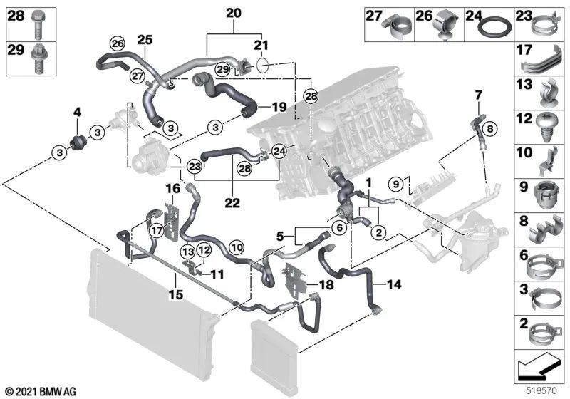 Clip para BMW Serie 5 F07, F10, F11, Serie 6 F06, F12, F13, Serie 7 F01, F02 (OEM 17127613140). Original BMW