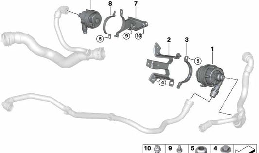 Soporte para la bomba eléctrica de refrigerante OEM 11518740101 para BMW G20, G21, G22, G23, G26, G30, G31, G32, G01, G02, G05, G06, G07, G18. Original BMW.