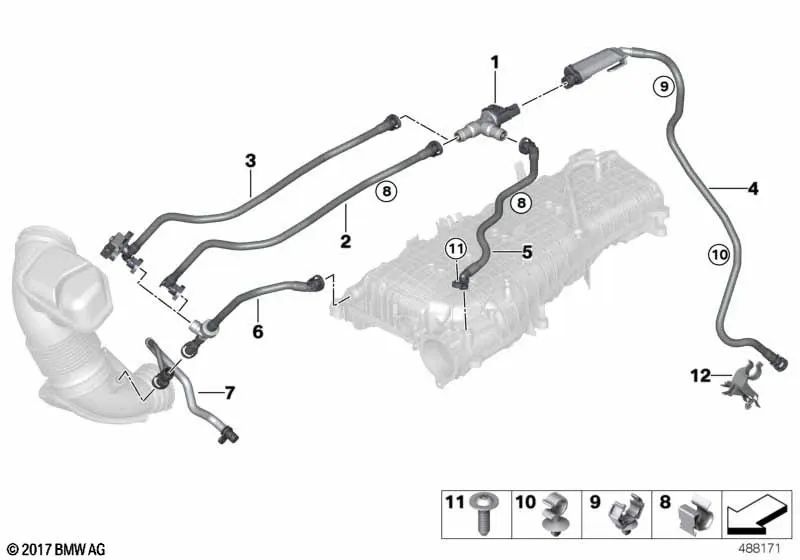 Conducto de ventilación de tanque con sensor de presión para BMW F22, F23, F30N, F34N, F32, F33, F36, G30, G38, G32, G12, G01, G02 (OEM 13907643105). Original BMW.