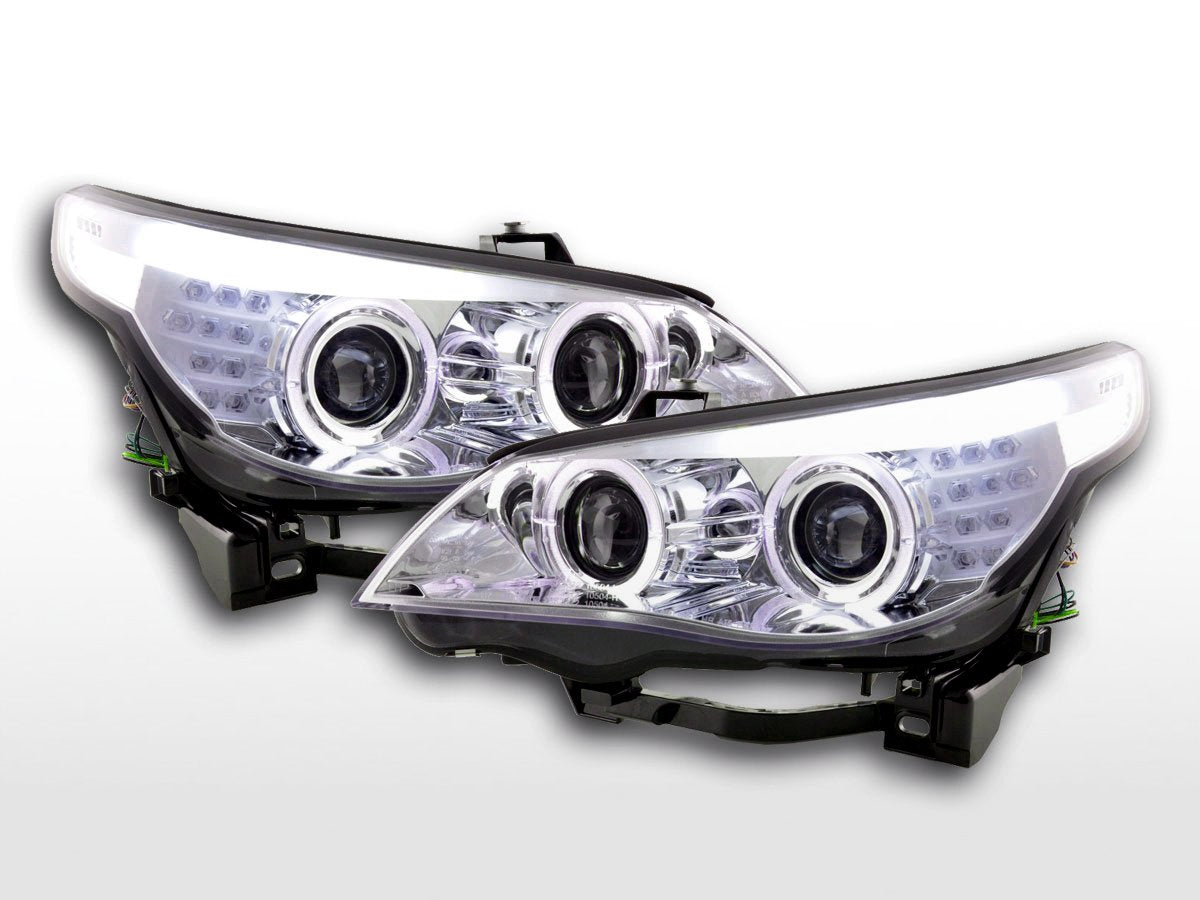 Juego De Faros Xenón Angel Eyes Led Bmw Serie 5 E60 / E61 05-08 Cromado Para Volante A La Derecha