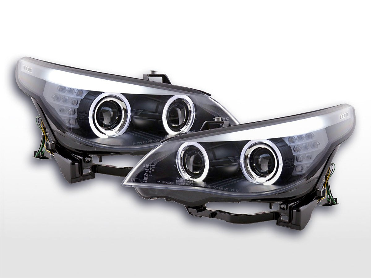 Juego De Faros Xenon Angel Eyes Ccfl Bmw Serie 5 E60 / E61 05-08 Negro Para Volante A La Derecha