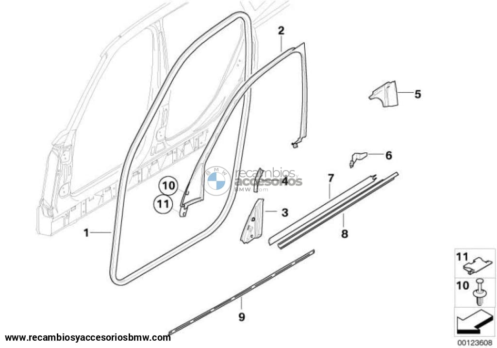 Junta Inferior Cristal Puerta Delantera Para Bmw E83. Original Recambios