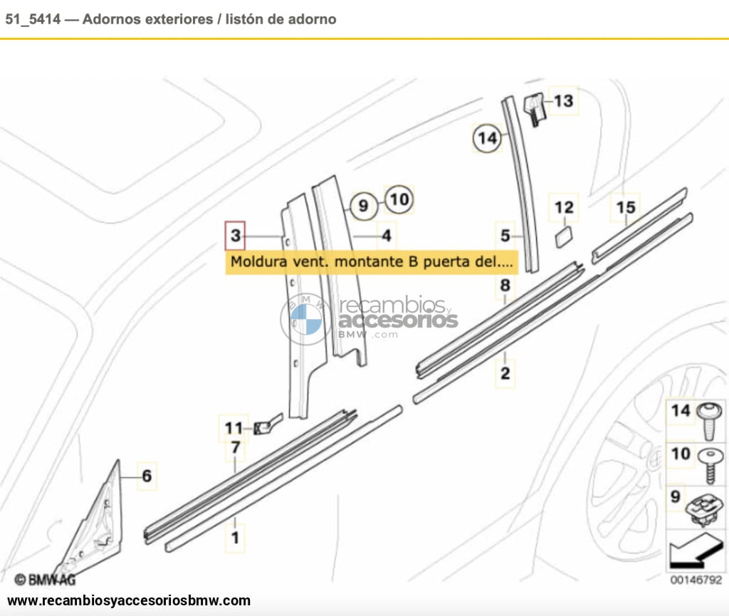 Moldura Ventana Delantera Montante B Para Bmw Serie 1 E87. Original Recambios